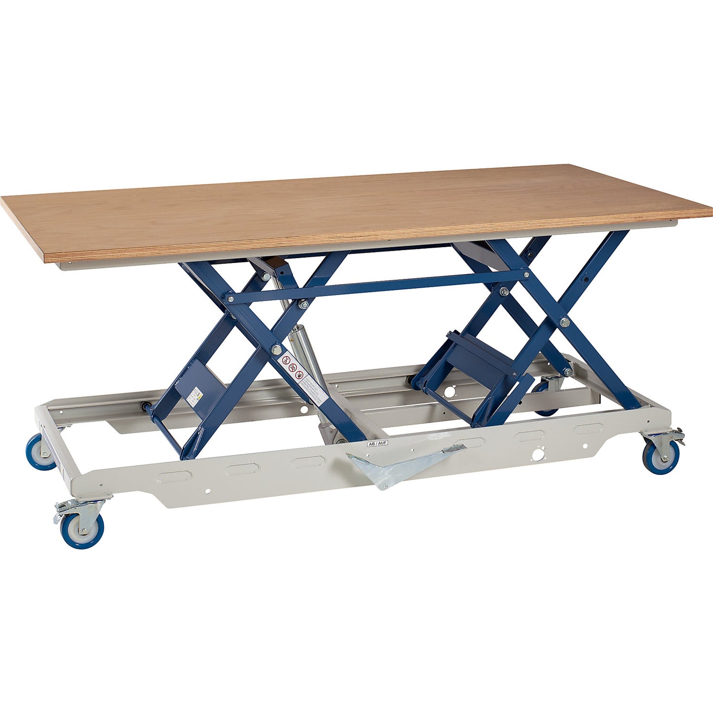 Mobile work table with lifting mechanism, height 430 - 1040 mm, max. load 350 kg, WxD 2000 x 1000 mm.