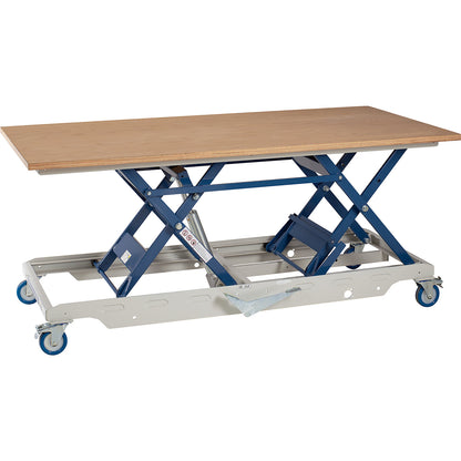 Mobile work table with lifting mechanism, height 430 - 1040 mm, max. load 350 kg, WxD 2000 x 1000 mm.