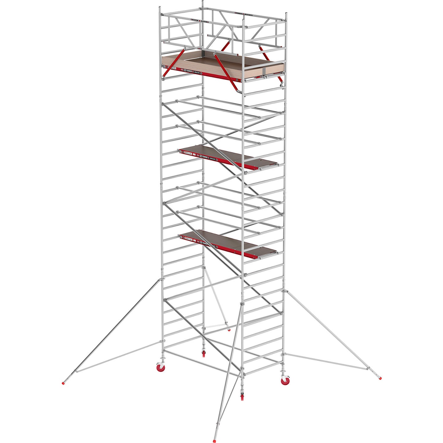 RS TOWER 42 wide mobile access tower, wooden platform, length 2.45 m, working height 9.20 m.