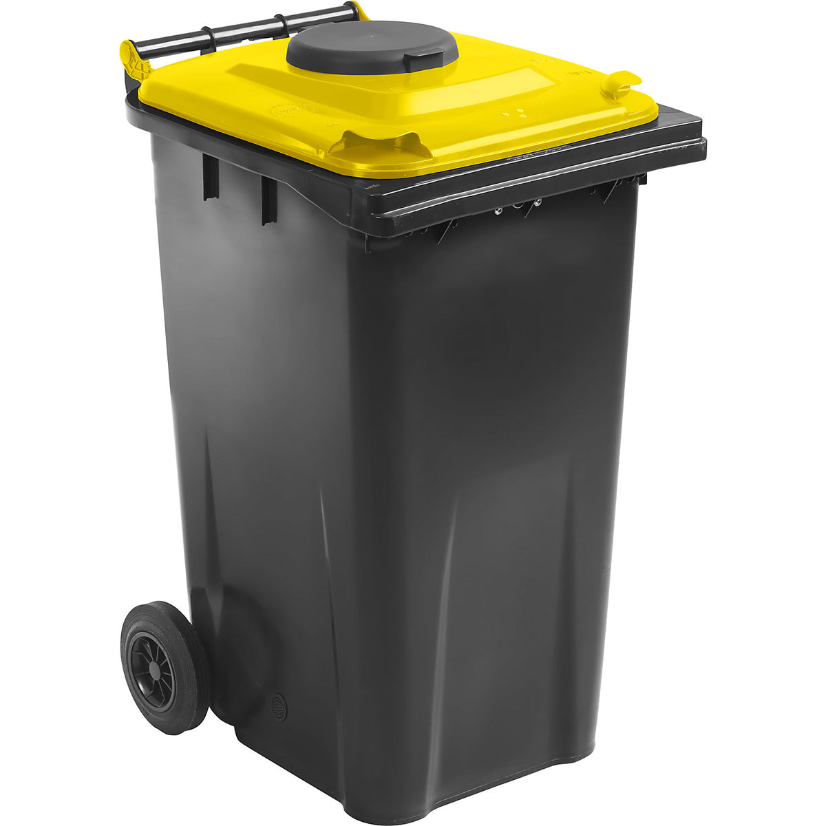 EN 840 waste bin with deposit hole, 240 l, for glass, bottles, cans, charcoal, yellow lid.