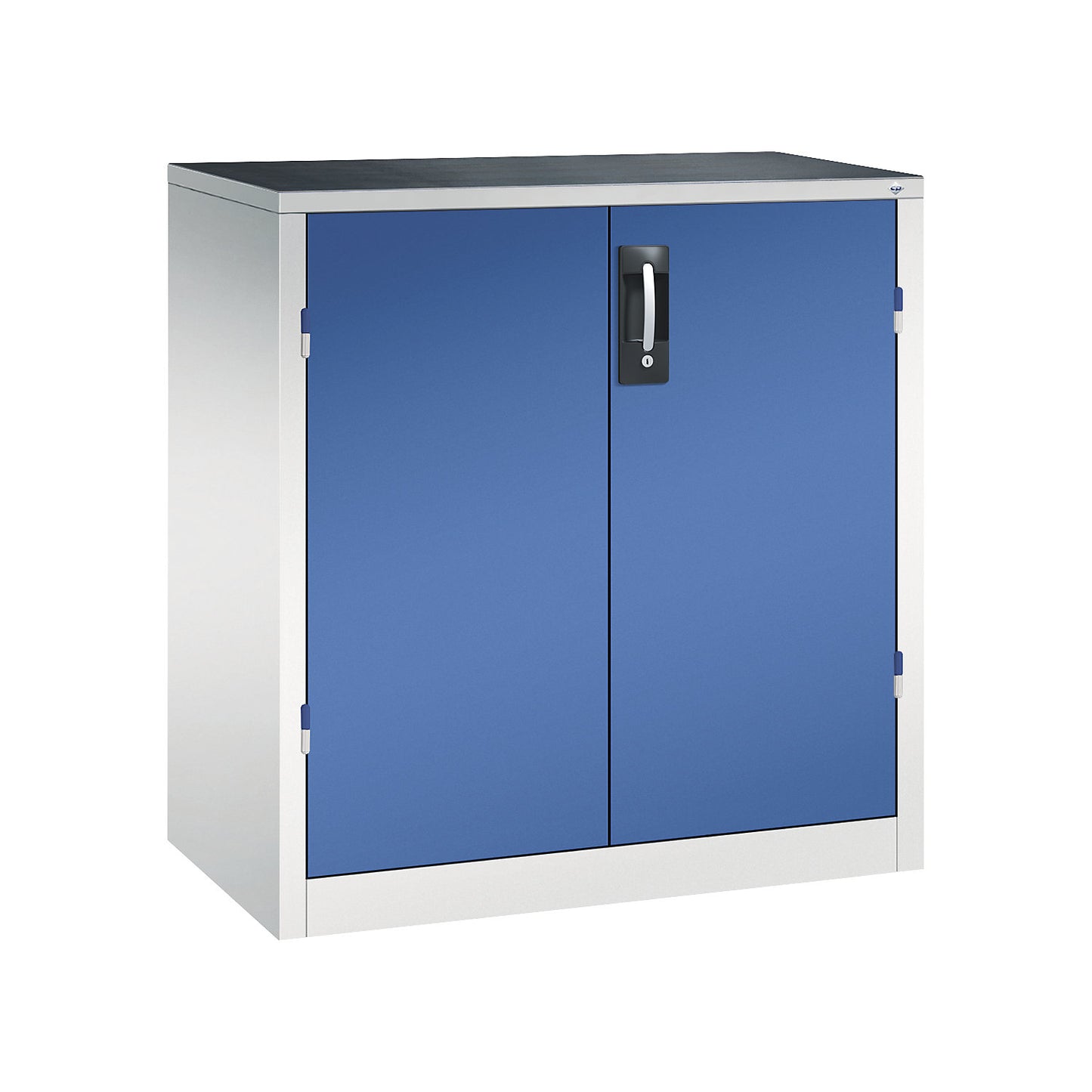 Workshop side cupboard with hinged doors and drawers, HxWxD 1000 x 930 x 500 mm, light grey / gentian blue.