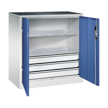 Workshop side cupboard with hinged doors and drawers, HxWxD 1000 x 930 x 500 mm, light grey / gentian blue.