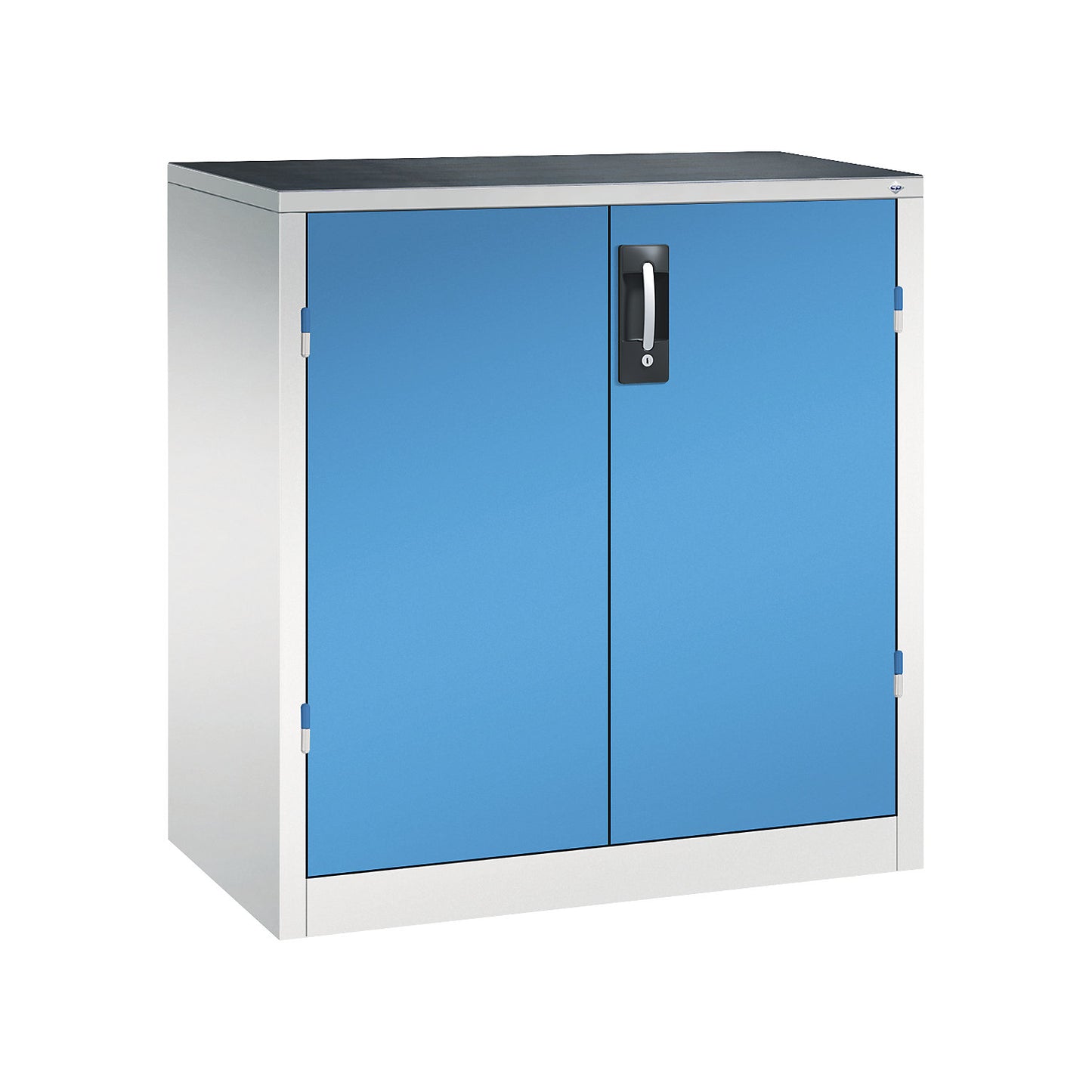 Workshop side cupboard with hinged doors and drawers, HxWxD 1000 x 930 x 500 mm, light grey / light blue.