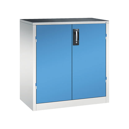 Workshop side cupboard with hinged doors and drawers, HxWxD 1000 x 930 x 500 mm, light grey / light blue.