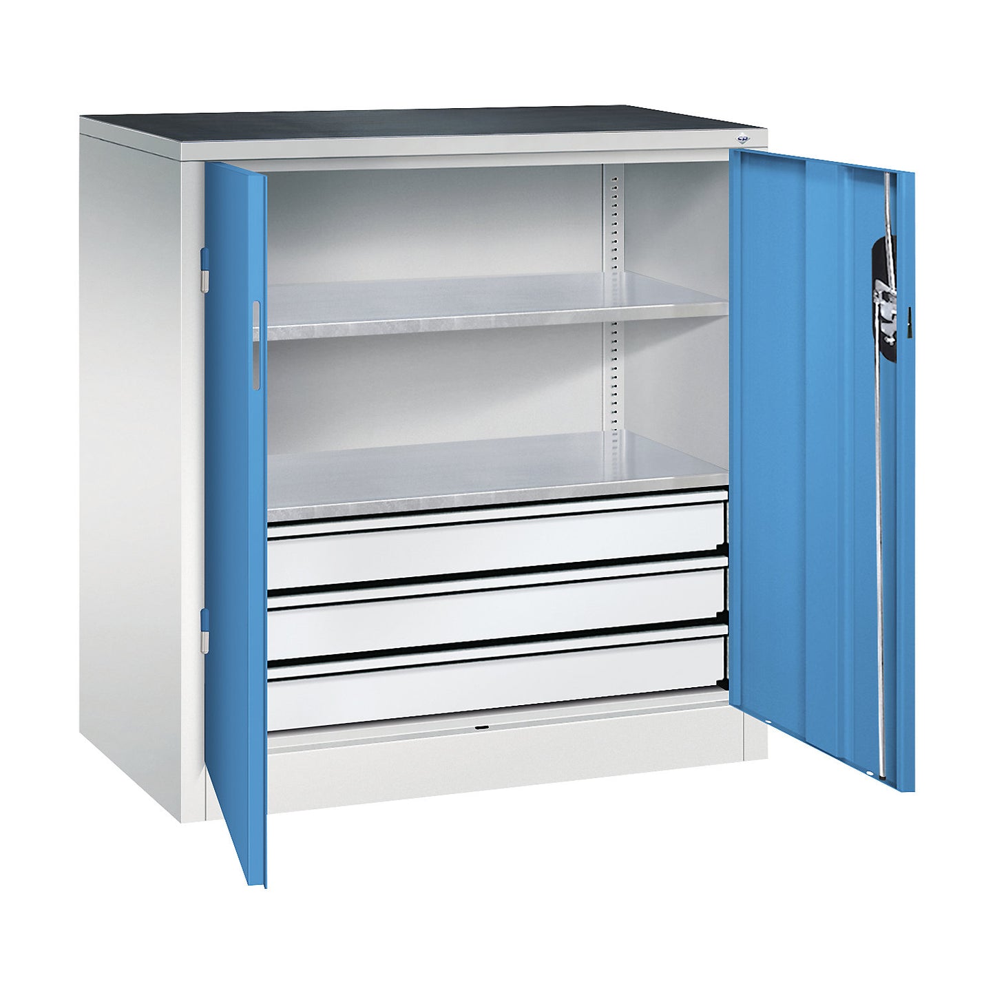 Workshop side cupboard with hinged doors and drawers, HxWxD 1000 x 930 x 500 mm, light grey / light blue.