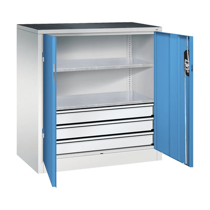 Workshop side cupboard with hinged doors and drawers, HxWxD 1000 x 930 x 500 mm, light grey / light blue.