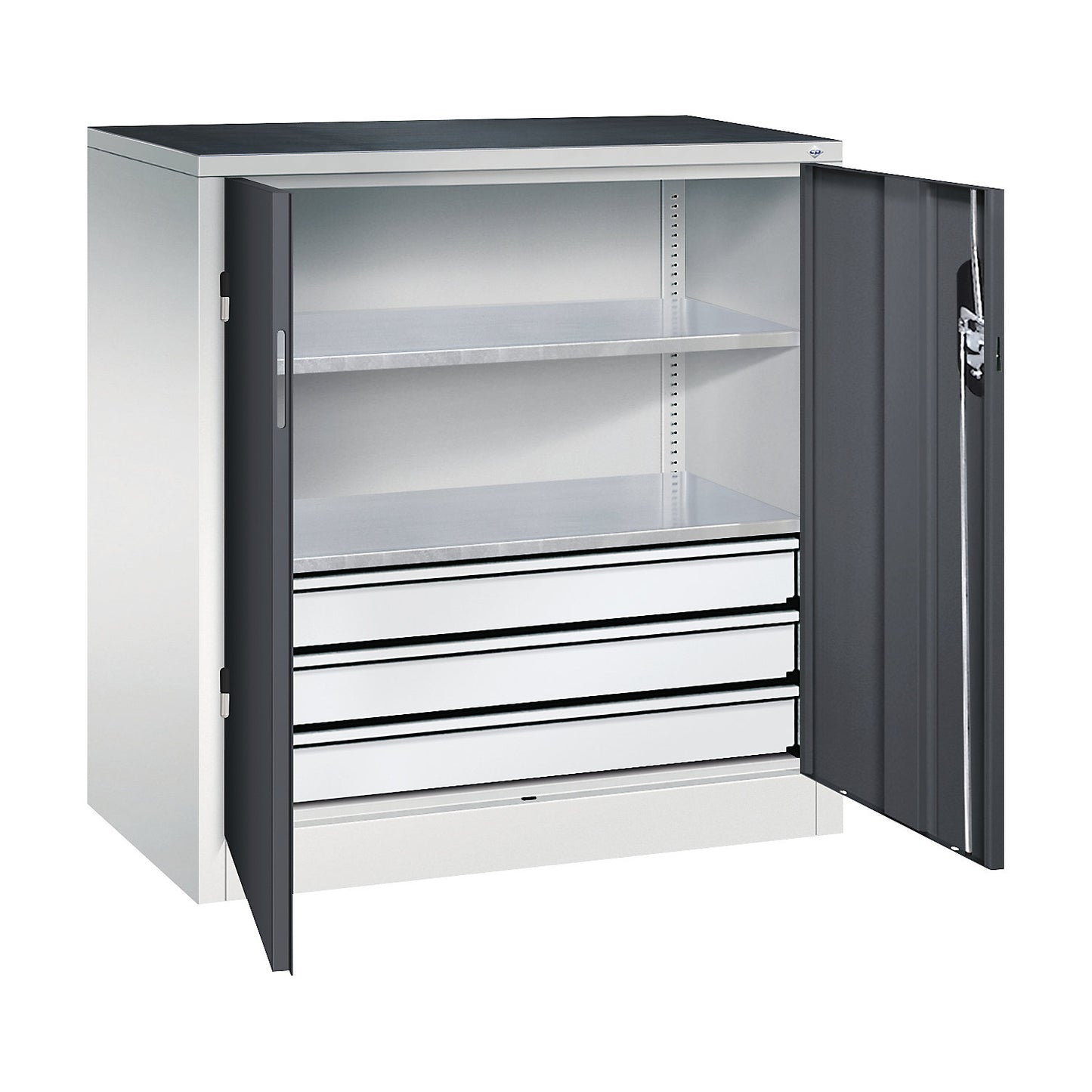 Workshop side cupboard with hinged doors and drawers, HxWxD 1000 x 930 x 500 mm, light grey / black grey.