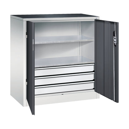 Workshop side cupboard with hinged doors and drawers, HxWxD 1000 x 930 x 500 mm, light grey / black grey.