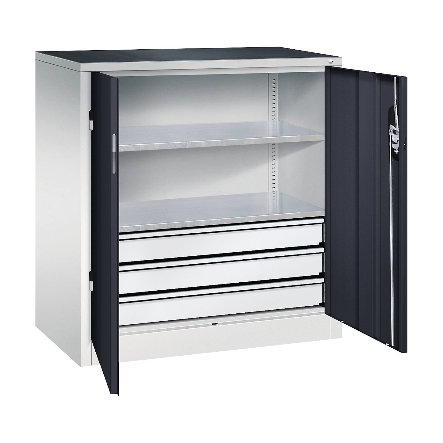 Workshop side cupboard with hinged doors and drawers, HxWxD 1000 x 930 x 500 mm, light grey / black grey.