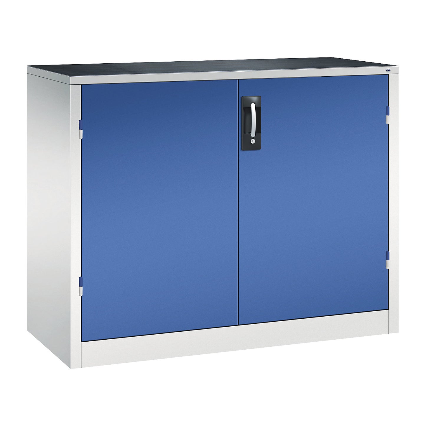 Workshop side cupboard with hinged doors and drawers, HxWxD 1000 x 1200 x 500 mm, light grey / gentian blue.