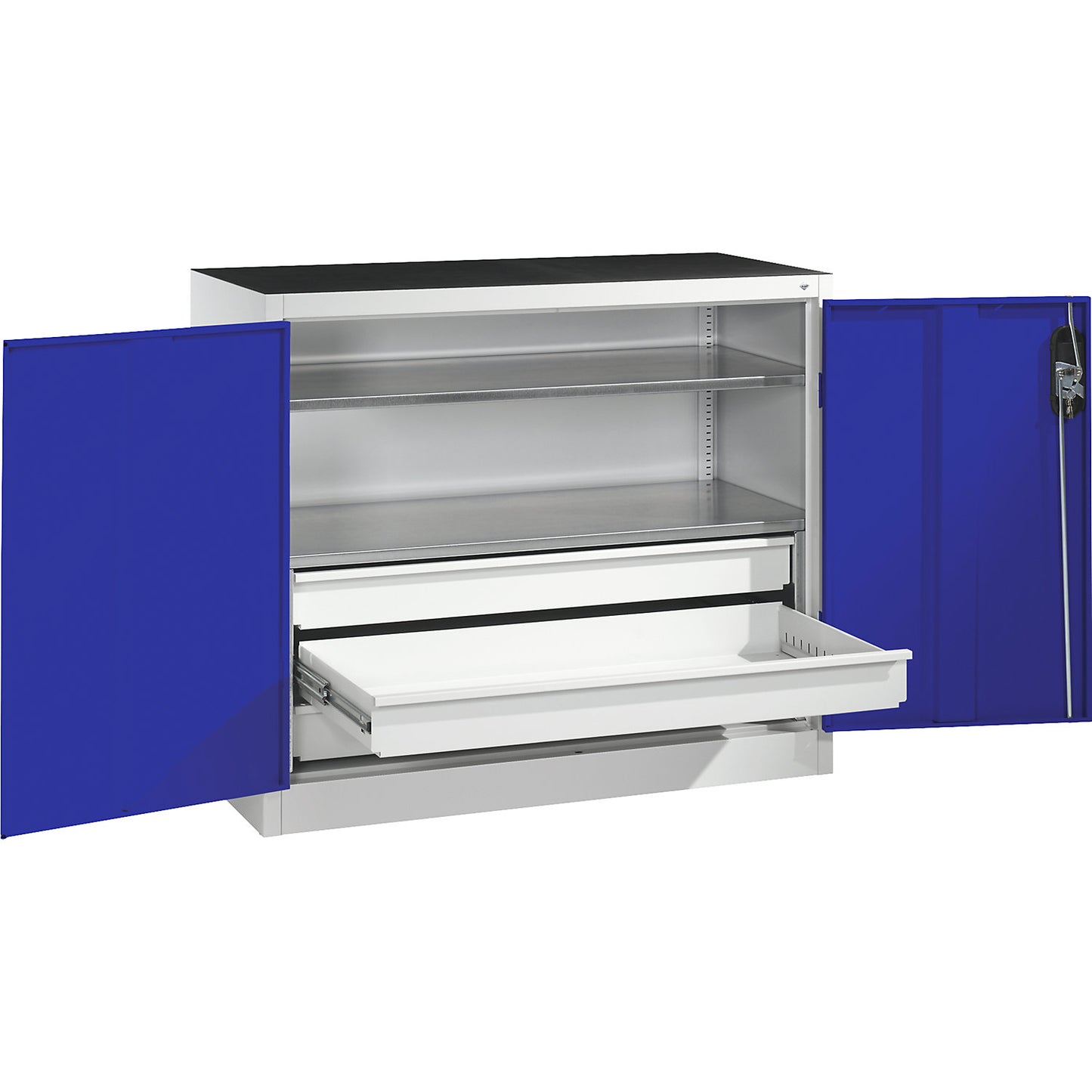 Workshop side cupboard with hinged doors and drawers, HxWxD 1000 x 1200 x 500 mm, light grey / gentian blue.