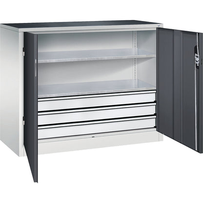 Workshop side cupboard with hinged doors and drawers, HxWxD 1000 x 1200 x 500 mm, light grey / black grey.