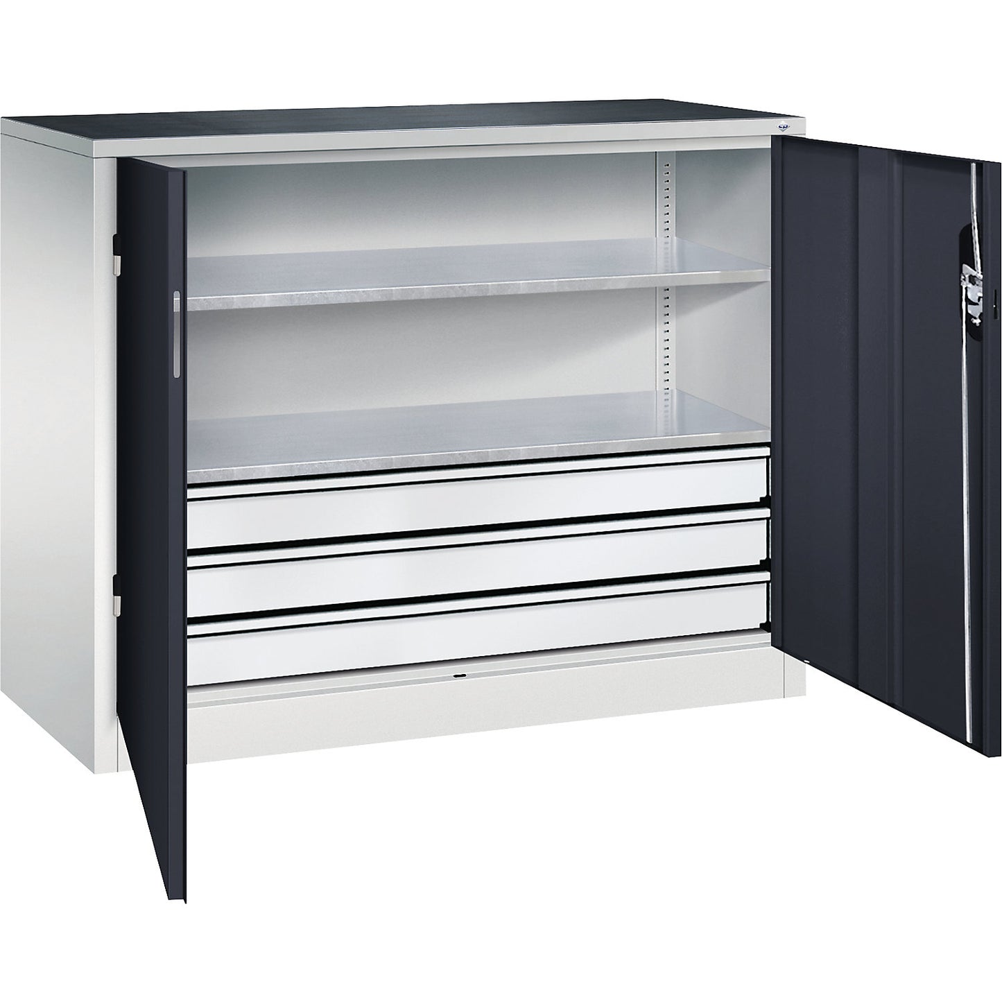 Workshop side cupboard with hinged doors and drawers, HxWxD 1000 x 1200 x 500 mm, light grey / black grey.