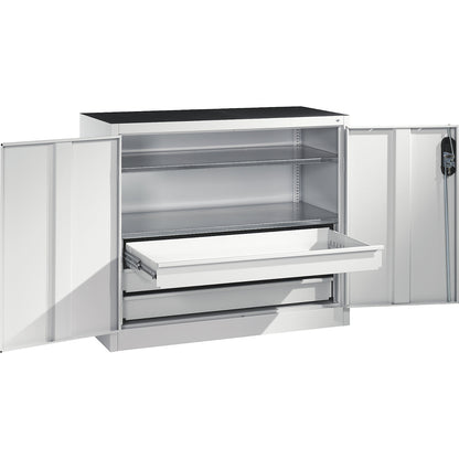 Workshop side cupboard with hinged doors and drawers, HxWxD 1000 x 1200 x 500 mm, light grey / light grey.