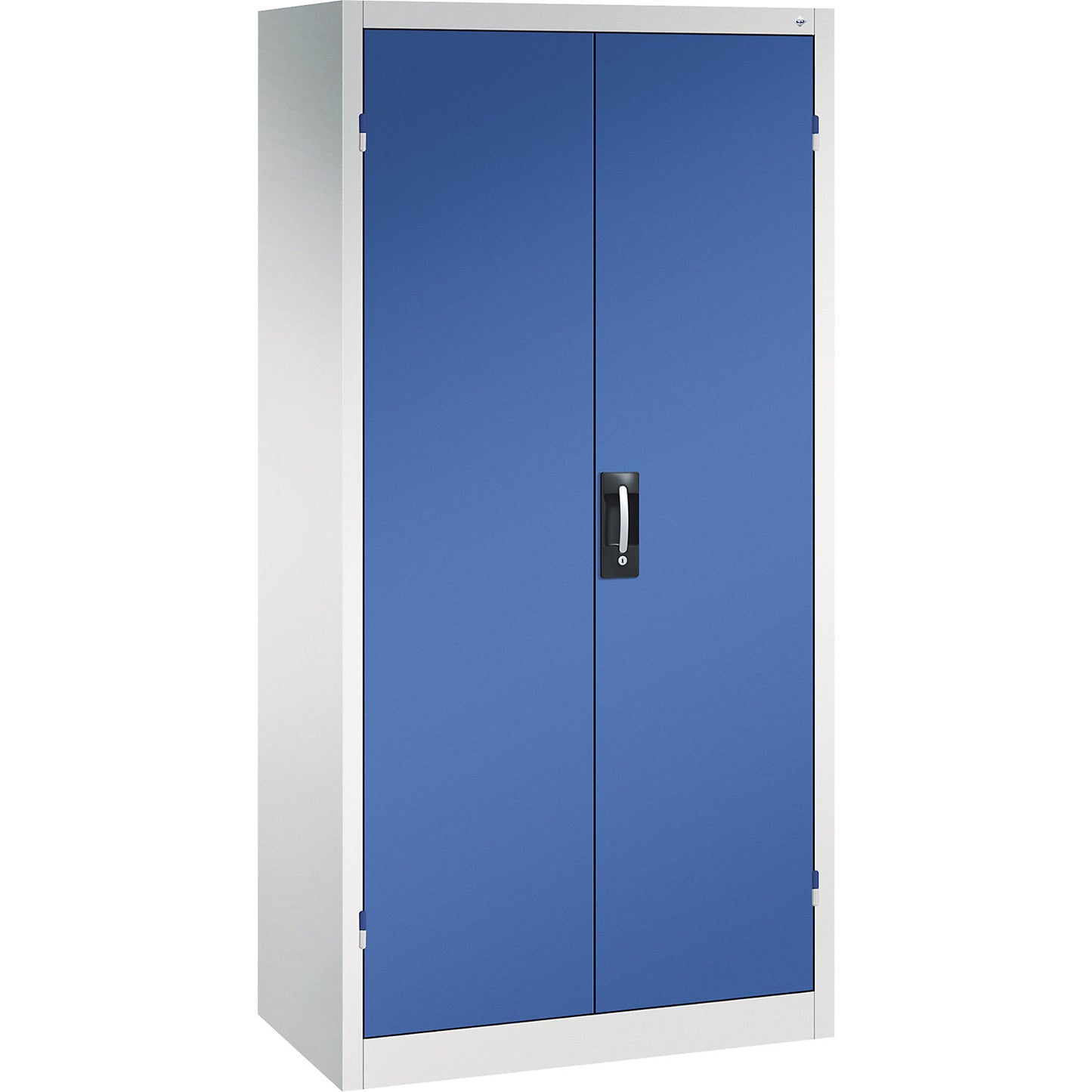 Double door workshop cupboard with drawers, WxD 930 x 500 mm, 3 shelves, light grey / gentian blue.