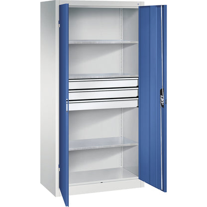 Double door workshop cupboard with drawers, WxD 930 x 500 mm, 3 shelves, light grey / gentian blue.