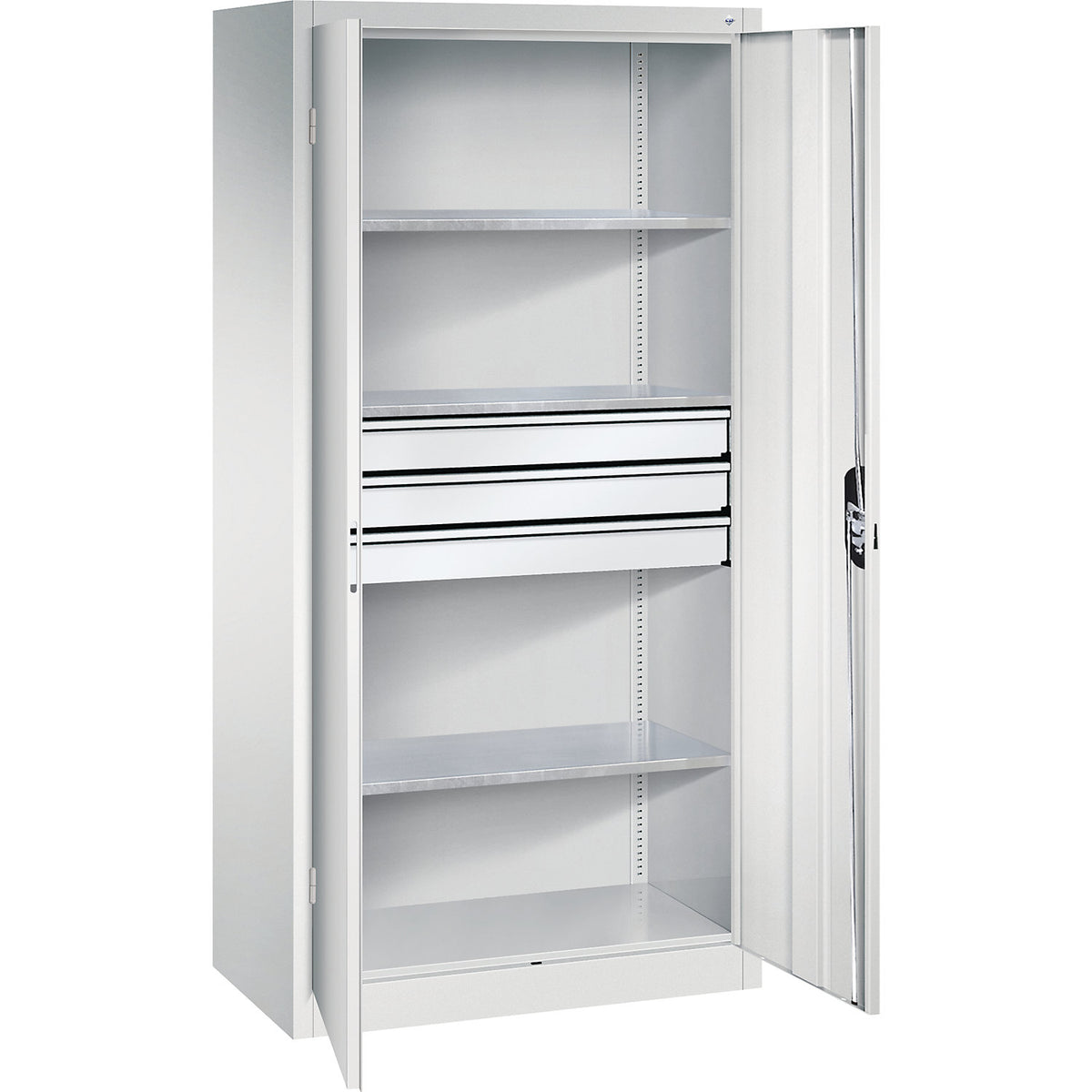 Double door workshop cupboard with drawers, WxD 930 x 500 mm, 3 shelves, light grey / light grey.