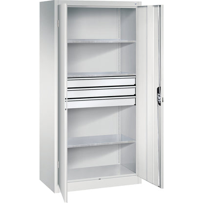 Double door workshop cupboard with drawers, WxD 930 x 500 mm, 3 shelves, light grey / light grey.