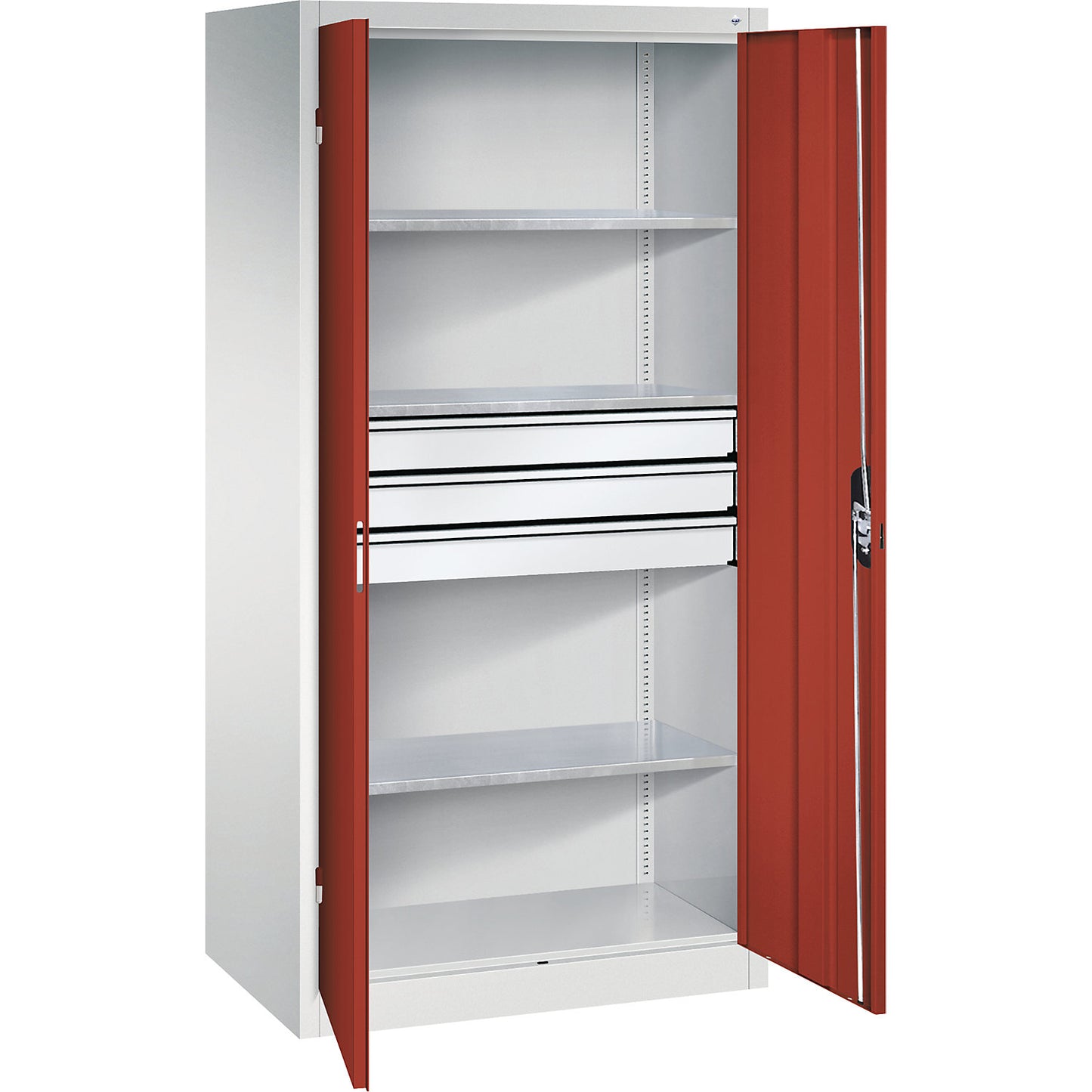Double door workshop cupboard with drawers, WxD 930 x 600 mm, 3 shelves, light grey / ruby red.