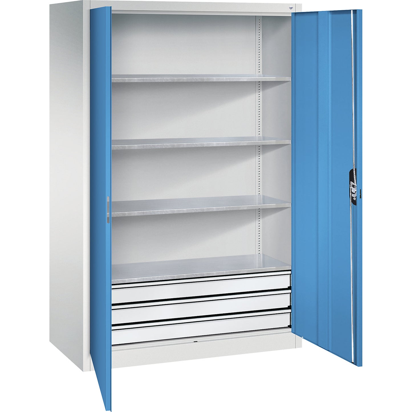 Double door workshop cupboard with drawers, WxD 1200 x 600 mm, 4 shelves, light grey / light blue.