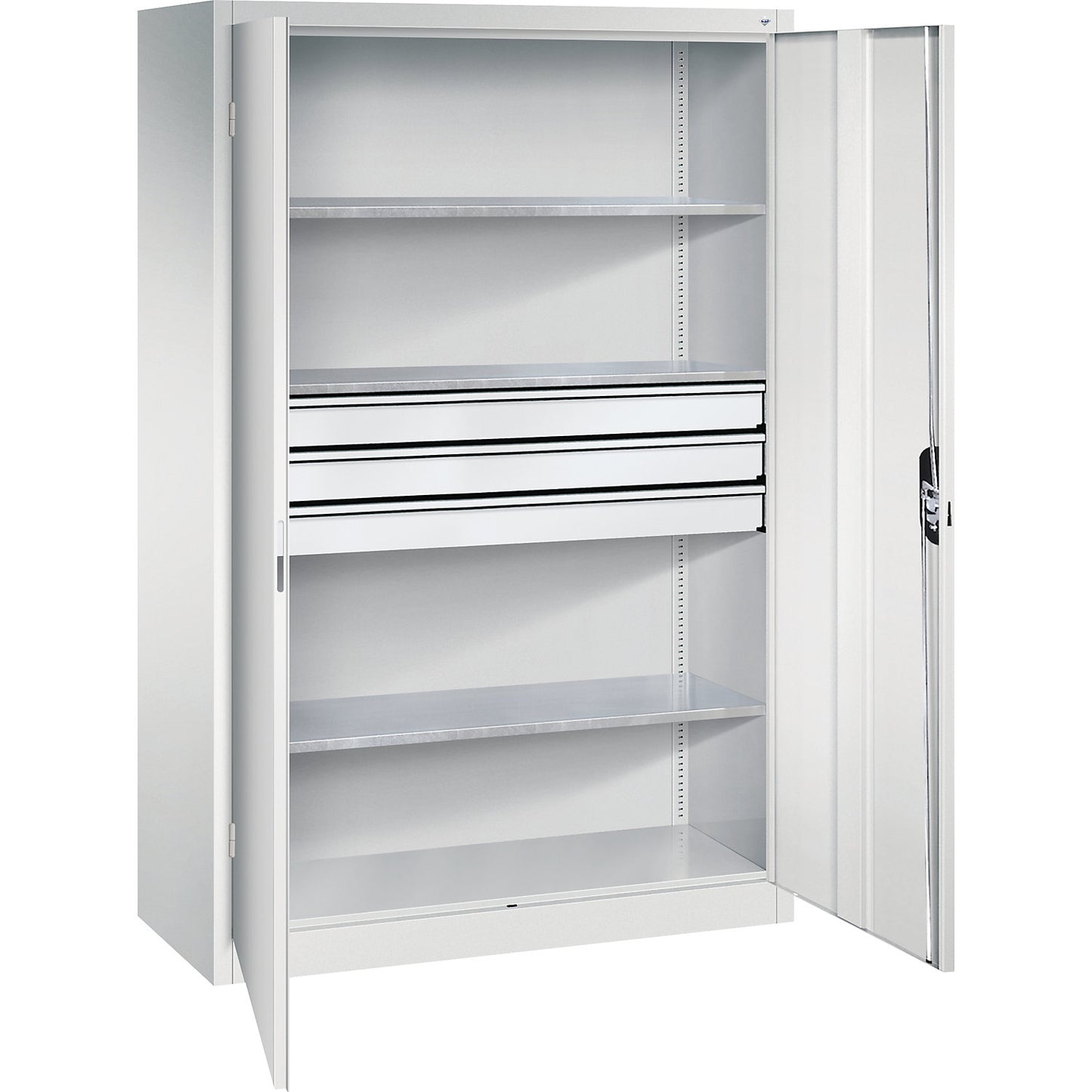Double door workshop cupboard with drawers, WxD 1200 x 500 mm, 3 shelves, light grey / light grey.