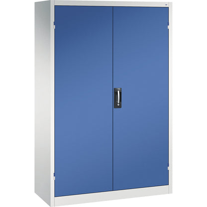 Double door workshop cupboard with drawers, WxD 1200 x 500 mm, 3 shelves, light grey / gentian blue.