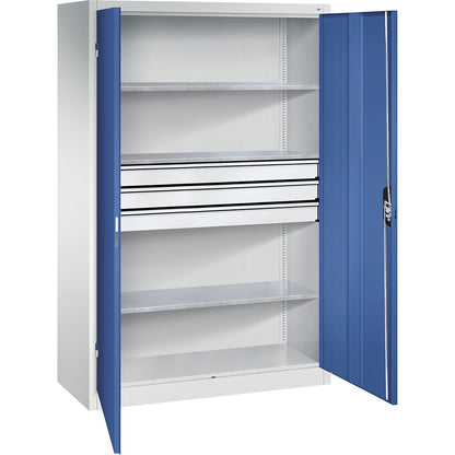 Double door workshop cupboard with drawers, WxD 1200 x 500 mm, 3 shelves, light grey / gentian blue.