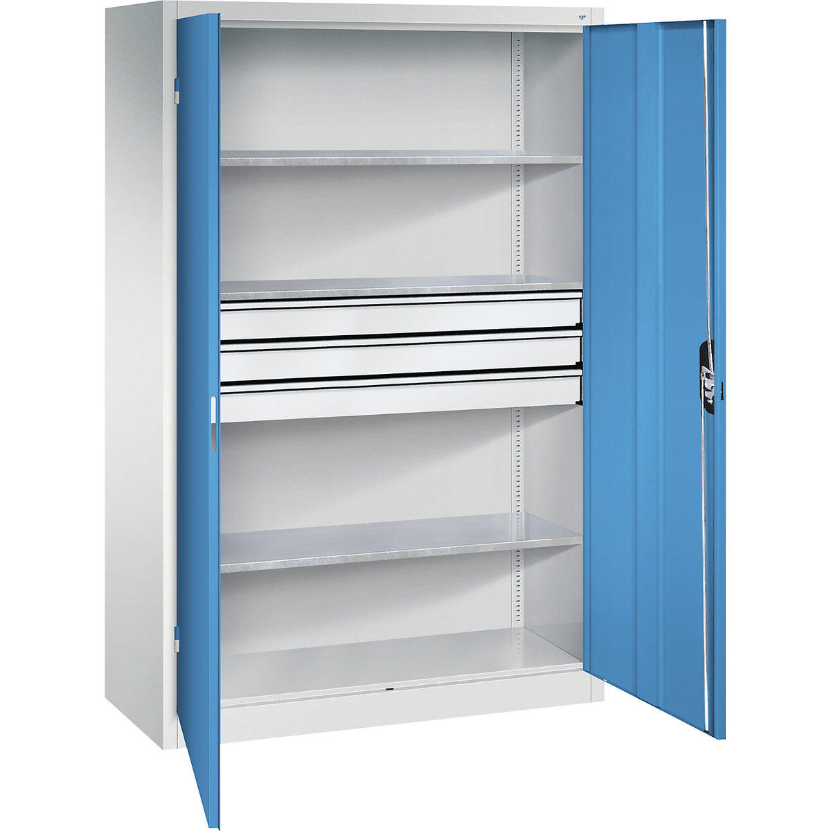 Double door workshop cupboard with drawers, WxD 1200 x 500 mm, 3 shelves, light grey / light blue.