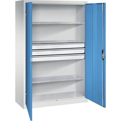 Double door workshop cupboard with drawers, WxD 1200 x 500 mm, 3 shelves, light grey / light blue.