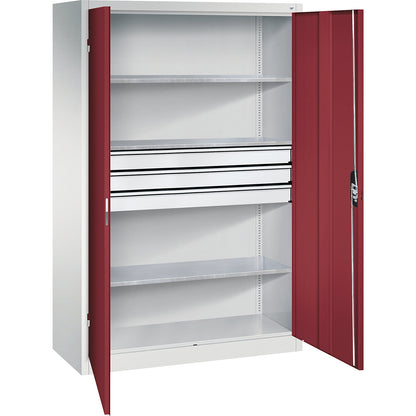 Double door workshop cupboard with drawers, WxD 1200 x 500 mm, 3 shelves, light grey / ruby red.