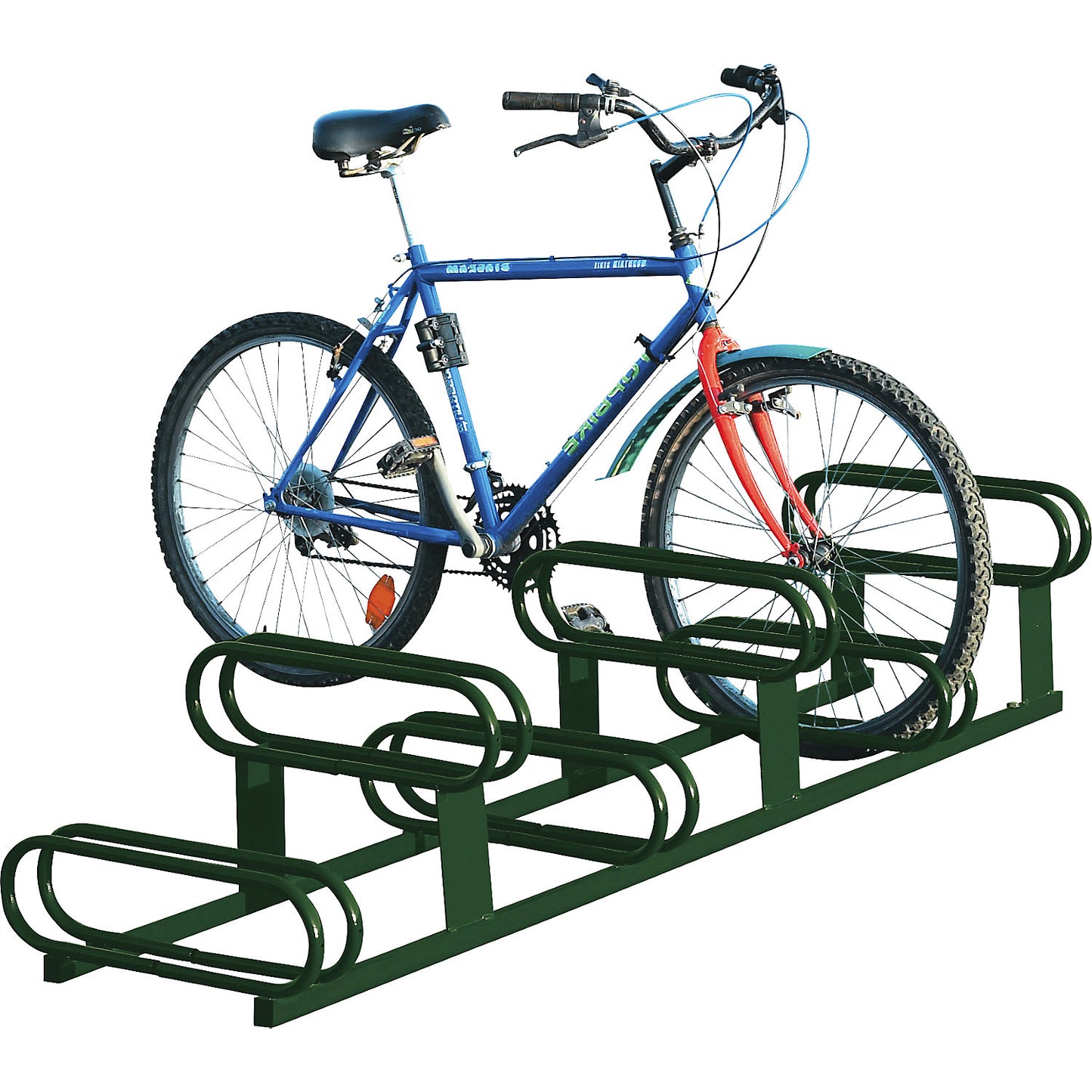 Staggered height bicycle rack, 6 parking spaces, moss green.