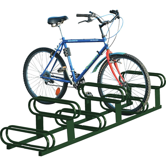 Staggered height bicycle rack, 6 parking spaces, moss green.