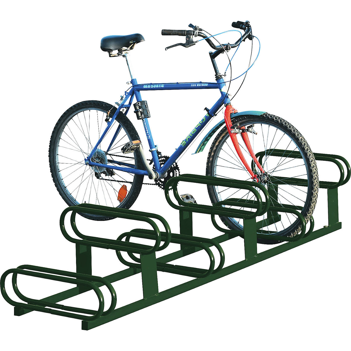 Staggered height bicycle rack, 6 parking spaces, moss green.