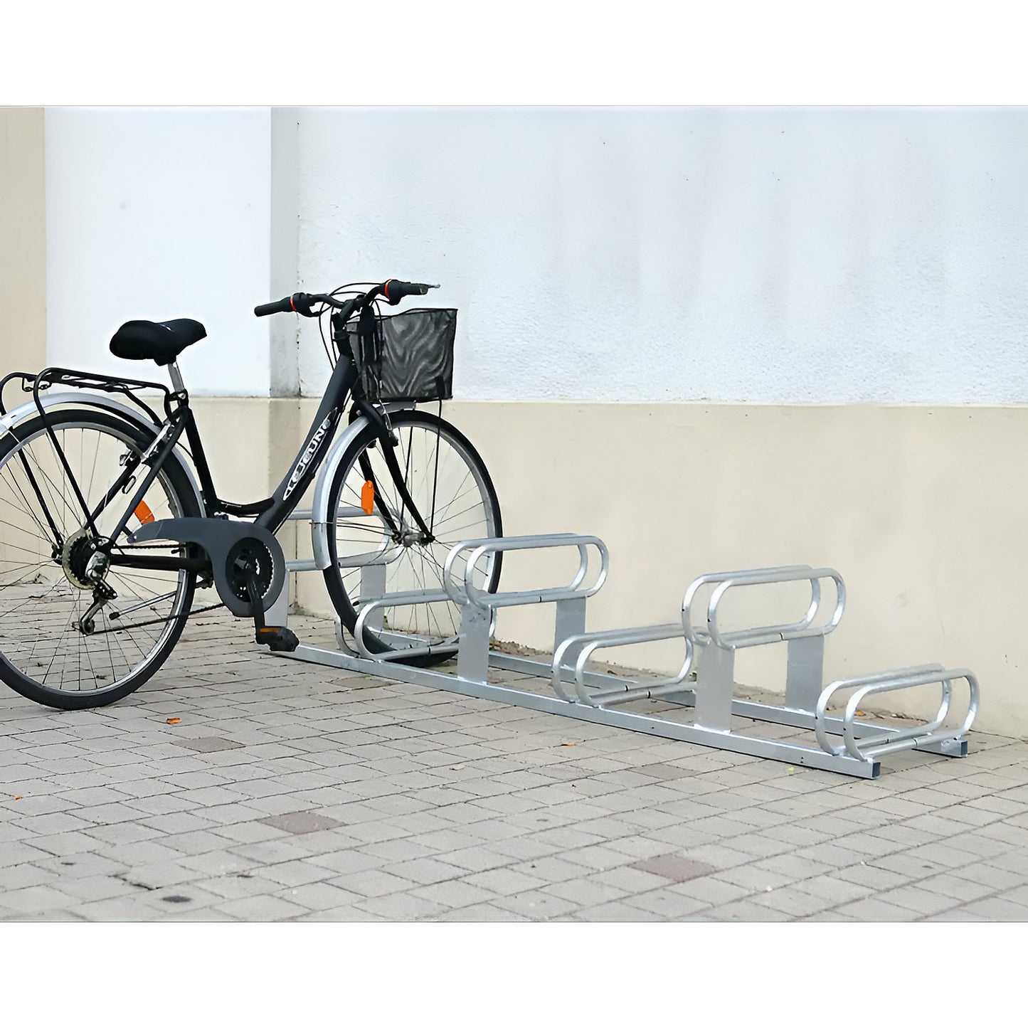 Staggered height bicycle rack, 6 parking spaces, moss green.