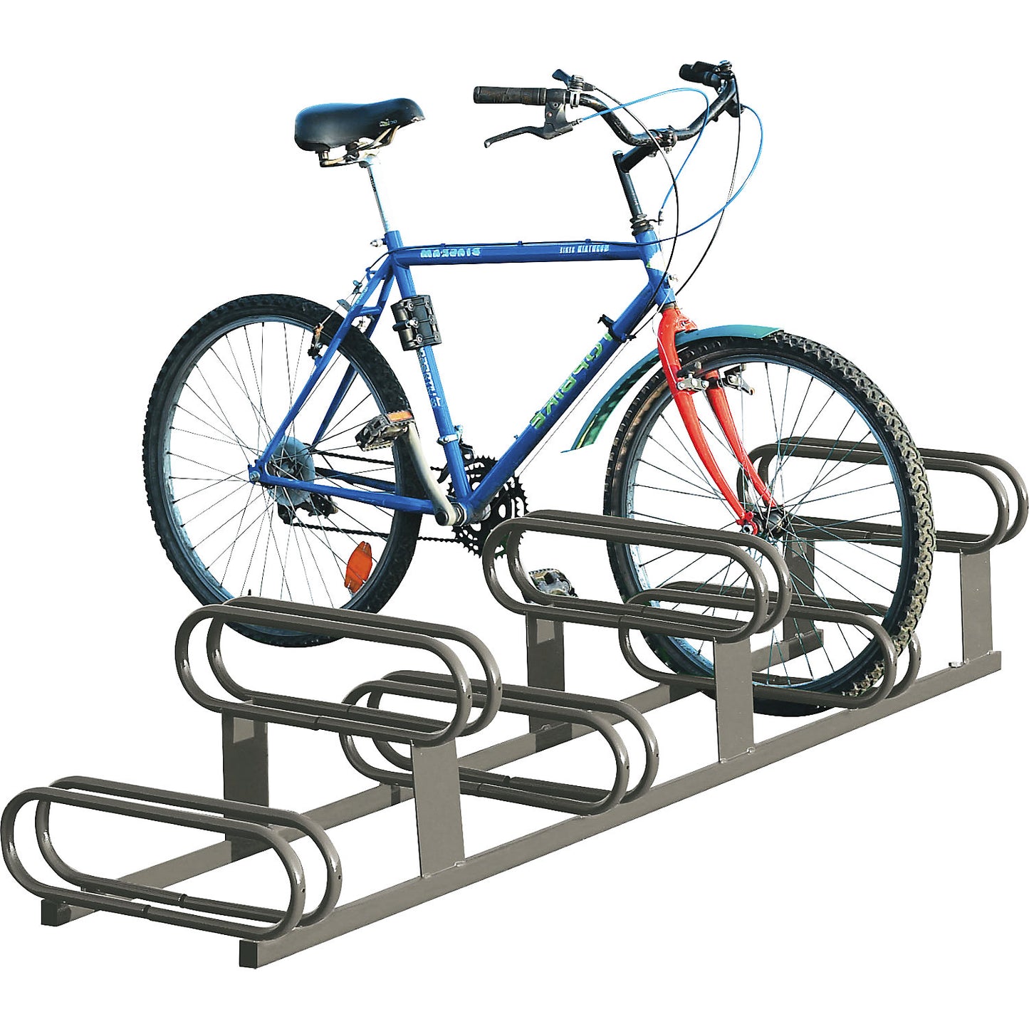 Staggered height bicycle rack, 6 parking spaces, grey.