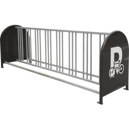 Bicycle rack with 16 parking spaces, info panels on the sides, hot dip galvanised.