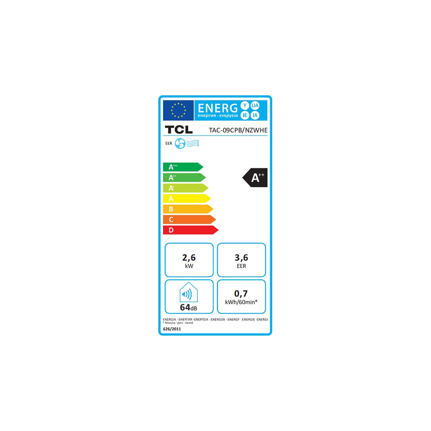9000 BTU mobile air conditioner, 2.6 kW, A++, 3-in-1 unit, white.