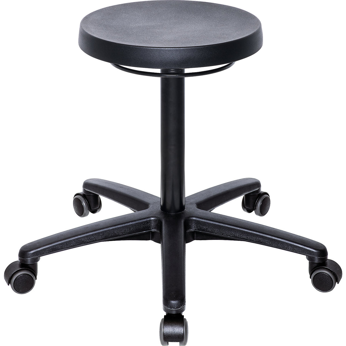 Industrial stool, with gas lift height adjustment, PU foam seat, with castors.