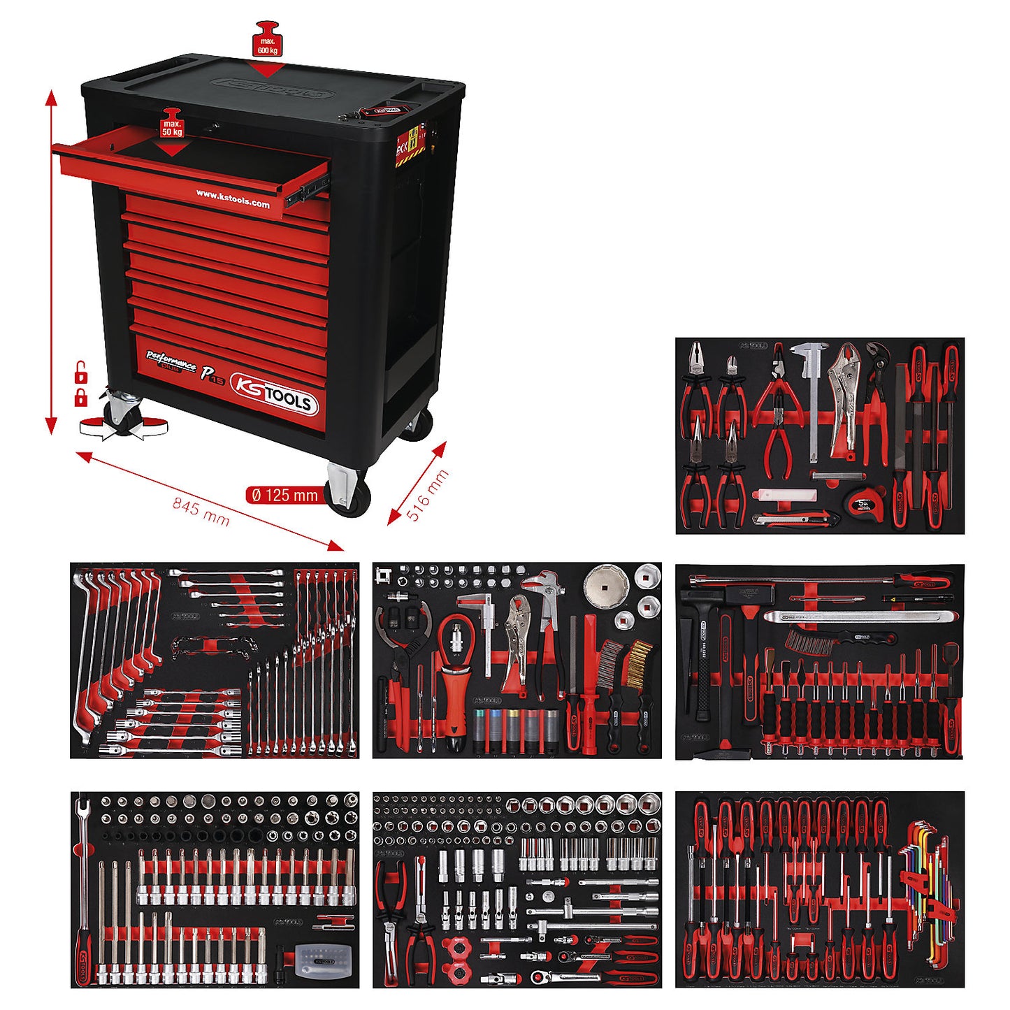 PERFORMANCE PLUS workshop trolley with tools, P15, with 397 tools, for 7 drawers.