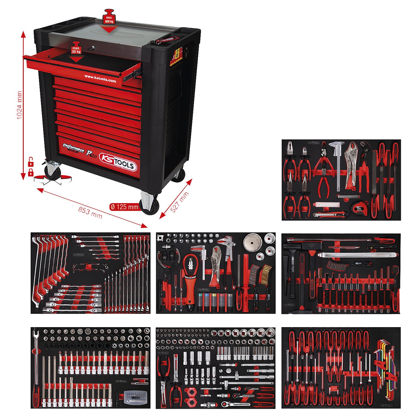 PERFORMANCE PLUS workshop trolley with tools, P10, with 397 tools, for 7 drawers.