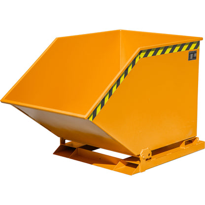 Tilting skip for metal swarf, capacity 600 litres, yellow orange.