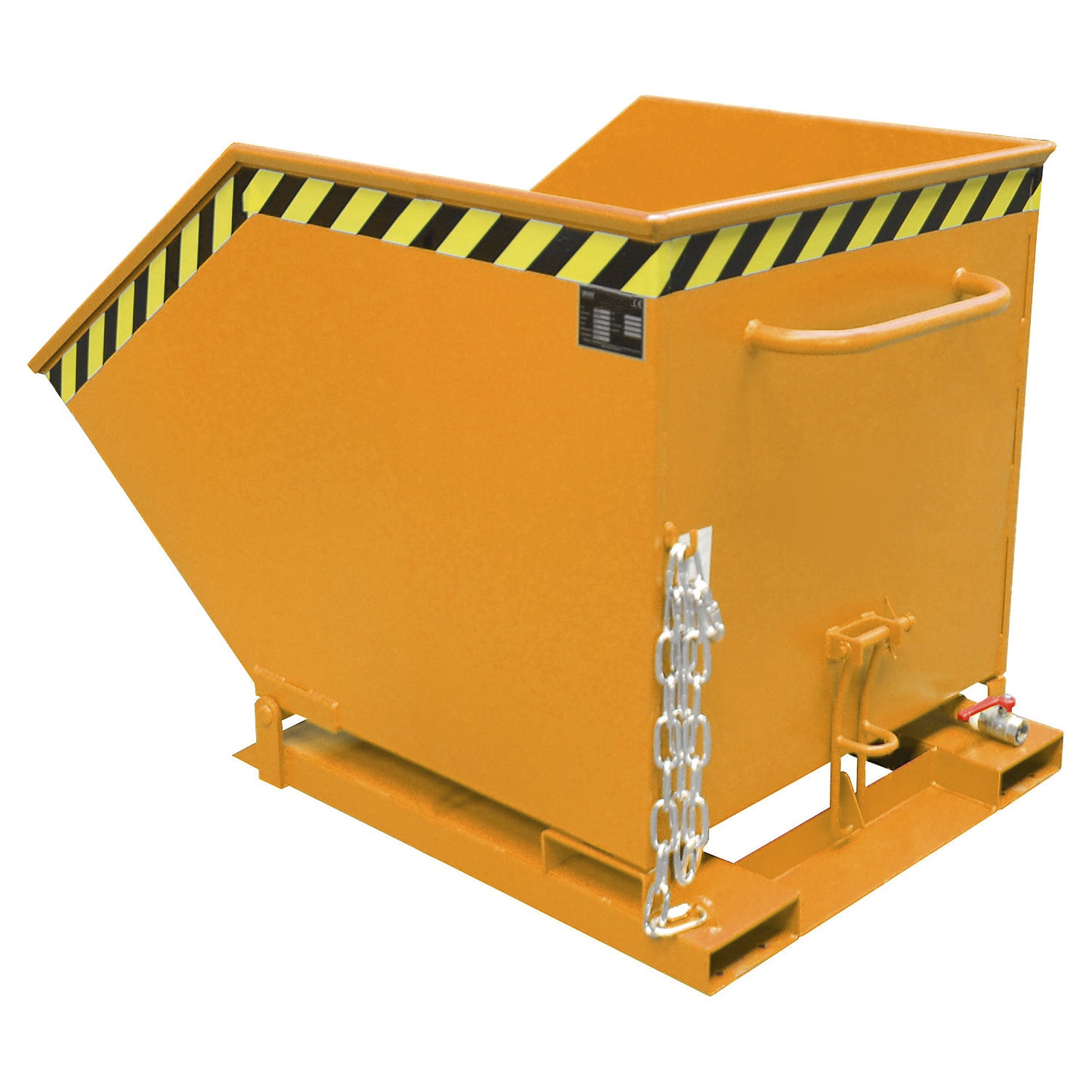 Tilting skip for metal swarf, capacity 600 litres, yellow orange.