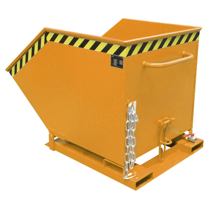 Tilting skip for metal swarf, capacity 600 litres, yellow orange.