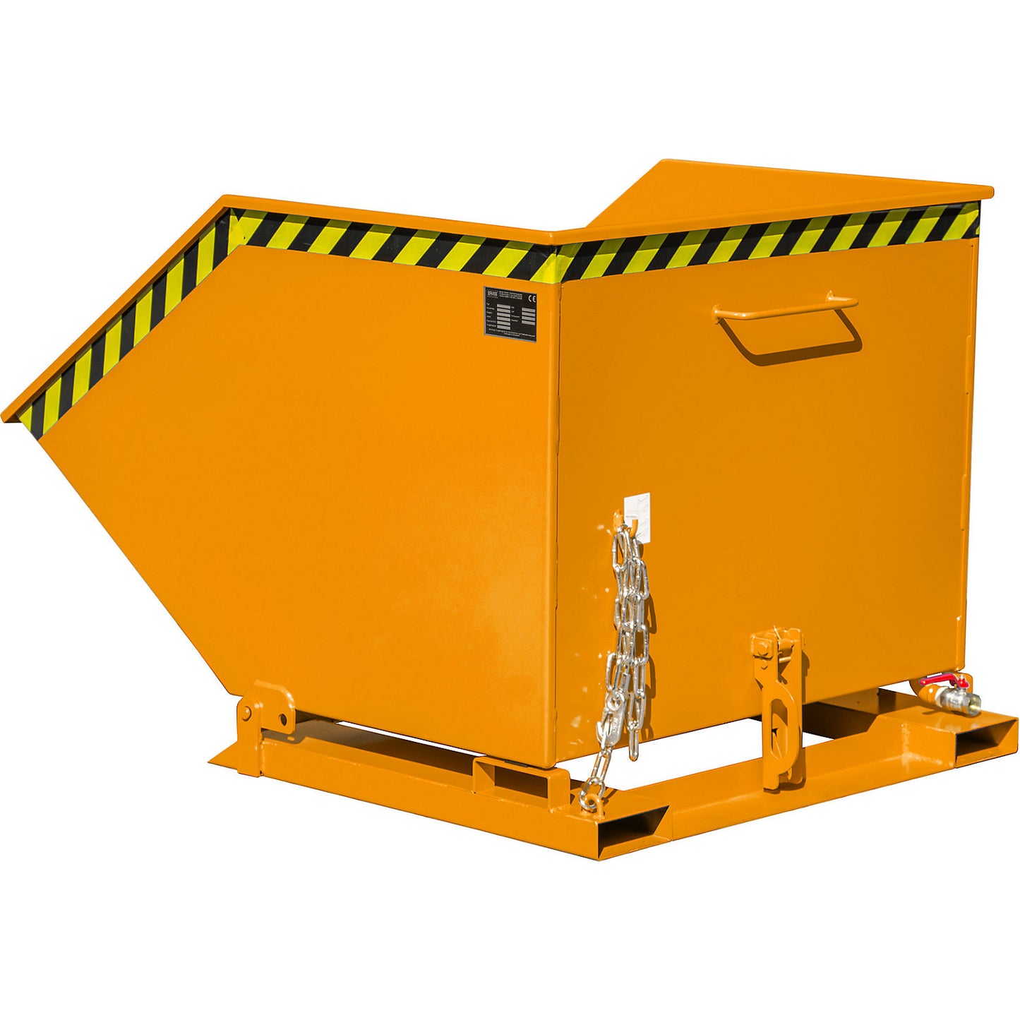 Tilting skip for metal swarf, capacity 1000 litres, yellow orange.