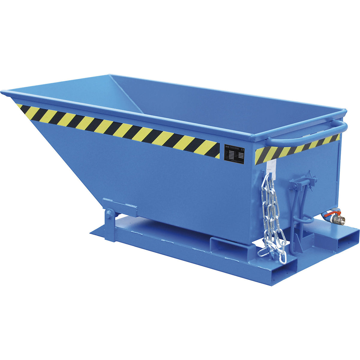 Tilting skip for metal swarf, low profile design, capacity 250 litres, light blue.