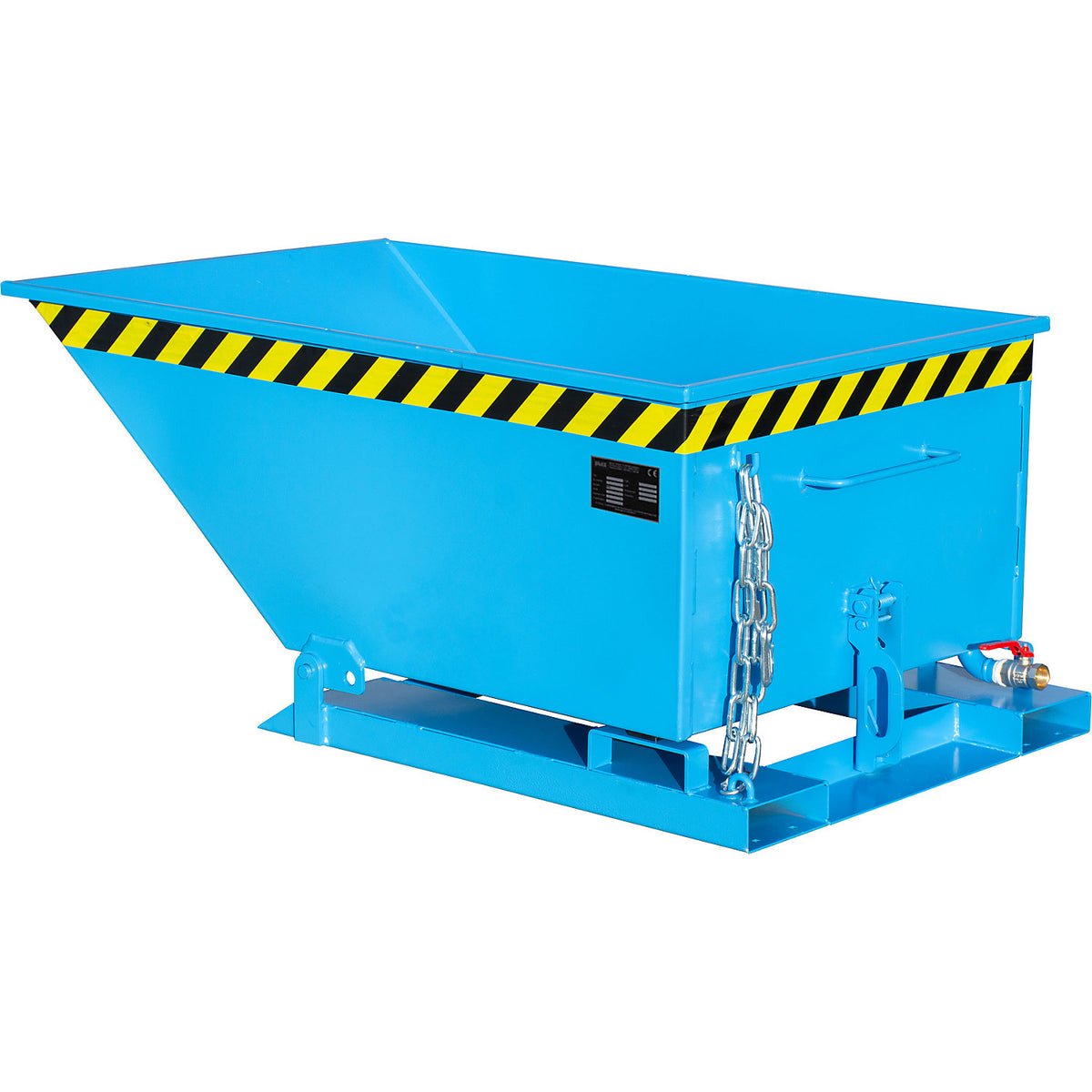 Tilting skip for metal swarf, low profile design, capacity 400 litres, light blue.