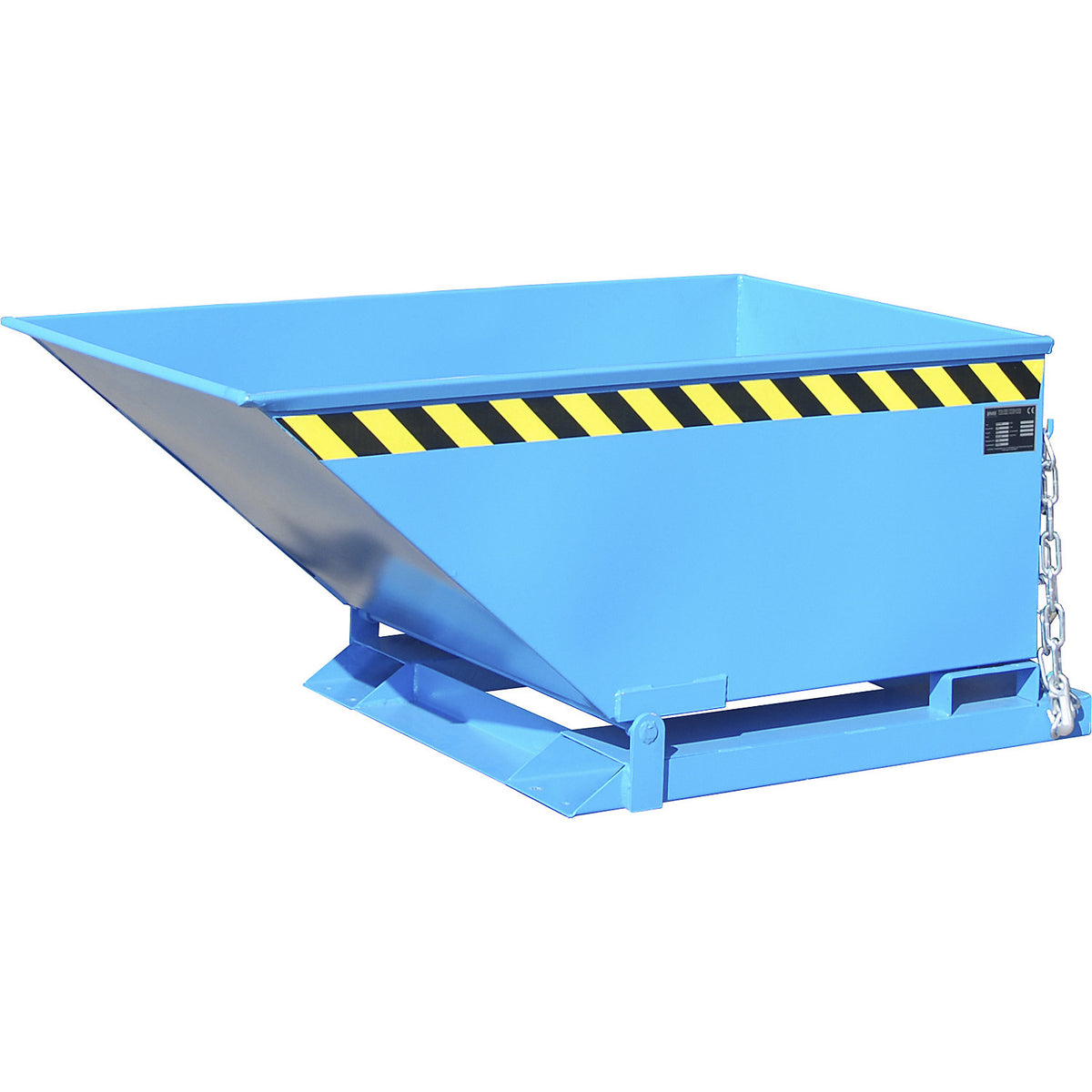 Tilting skip for metal swarf, low profile design, capacity 400 litres, light blue.