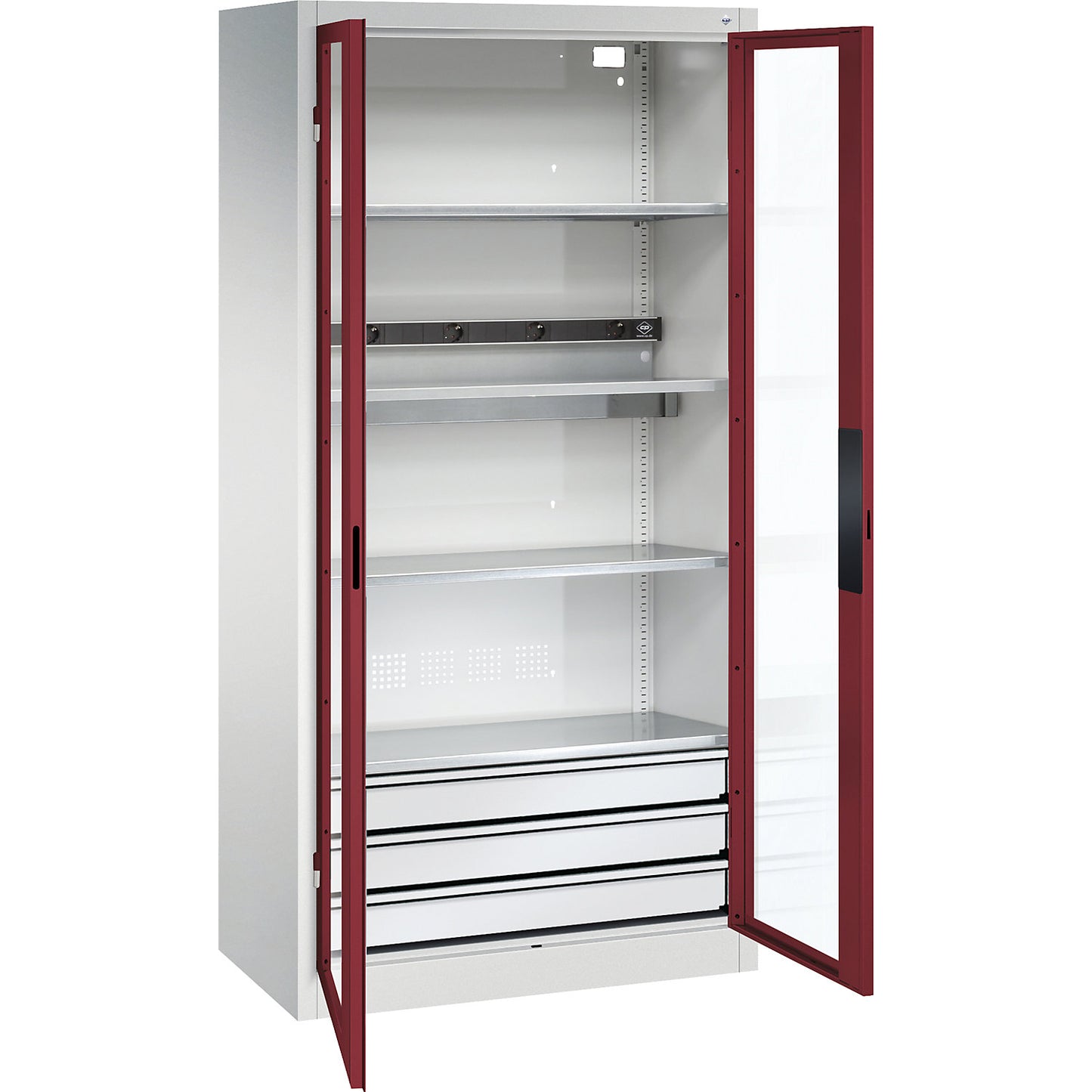BASIC battery charging cabinet, vision panel doors, 3 drawers, light grey / ruby red.