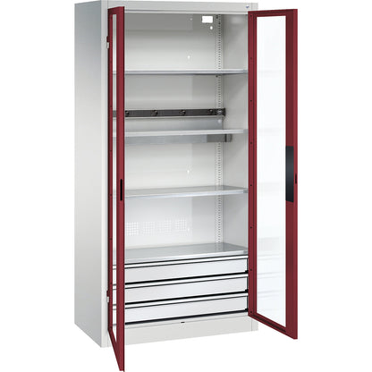 BASIC battery charging cabinet, vision panel doors, 3 drawers, light grey / ruby red.