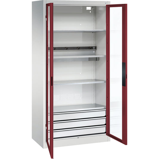 BASIC battery charging cabinet, vision panel doors, 3 drawers, light grey / ruby red.